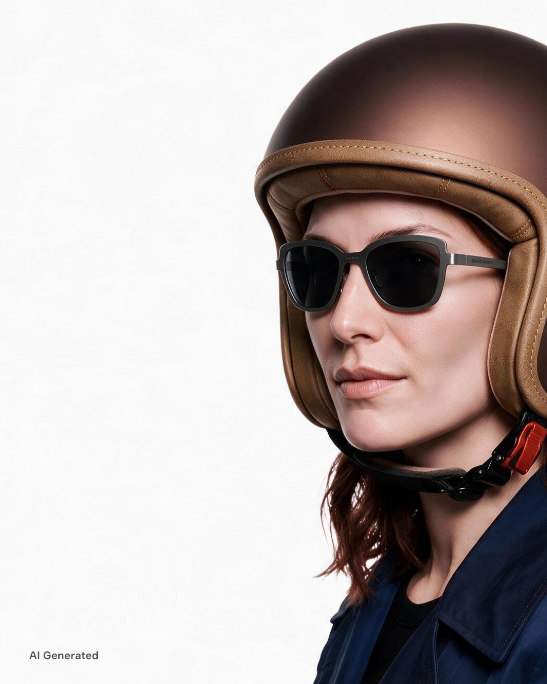 Modella che indossa gli occhiali Telma Rutenio con lente Fumo sotto al casco. Immagine generata con AI partendo dal prodotto reale.