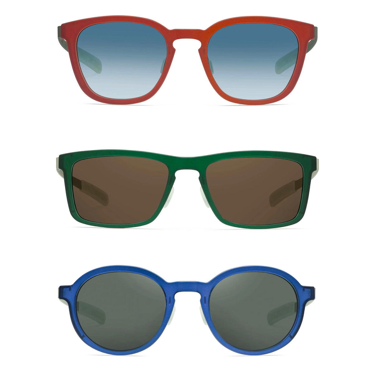 Foto che mostra le 3 forme e i tanti colori della linea MyCity con lenti da sole. 