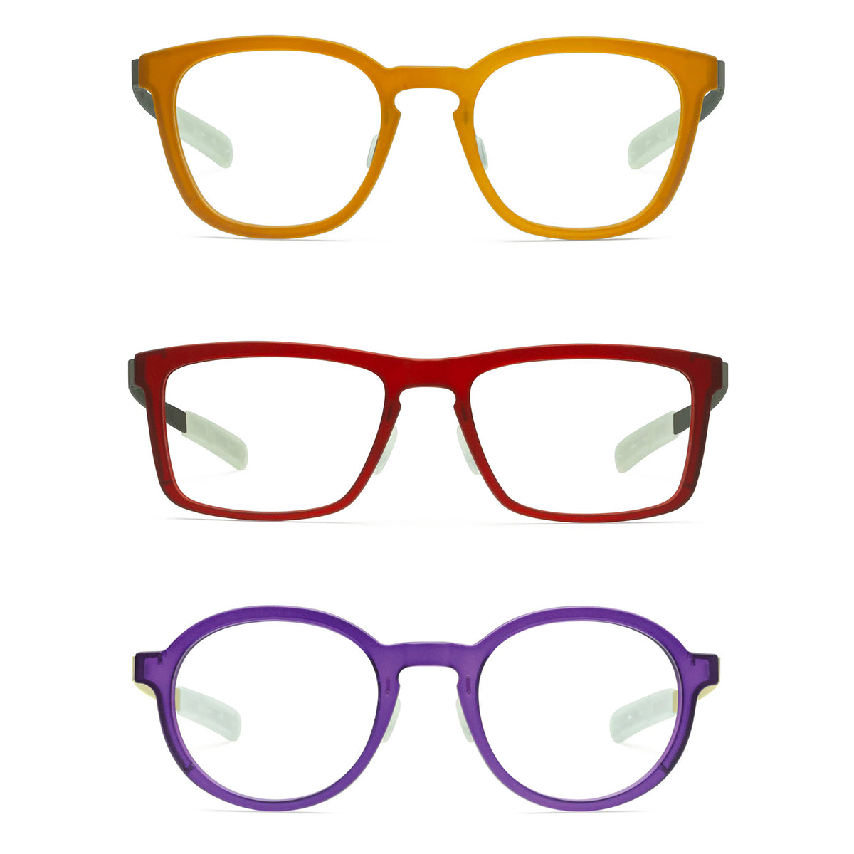 Foto che mostra le 3 forme e i tanti colori della linea MyCity con lenti demo, da vista. 
