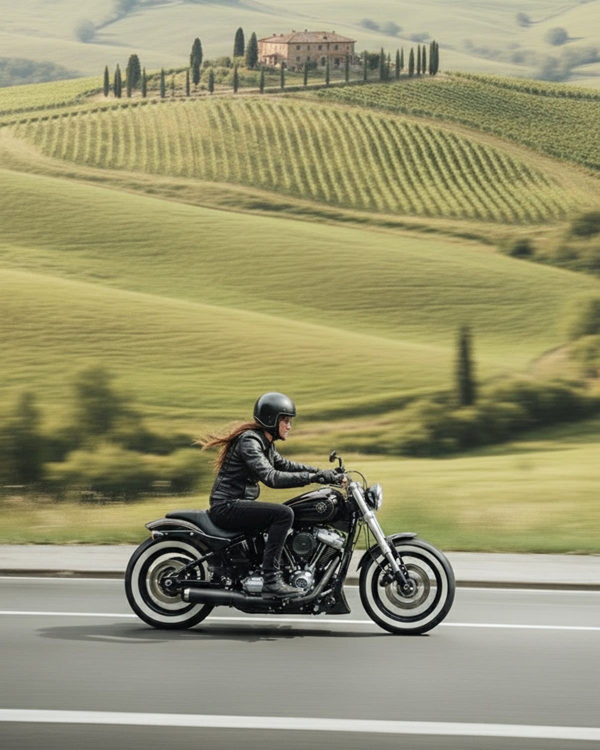 Foto che rappresenta un motciclista che guida una moto stile custom in collina. 