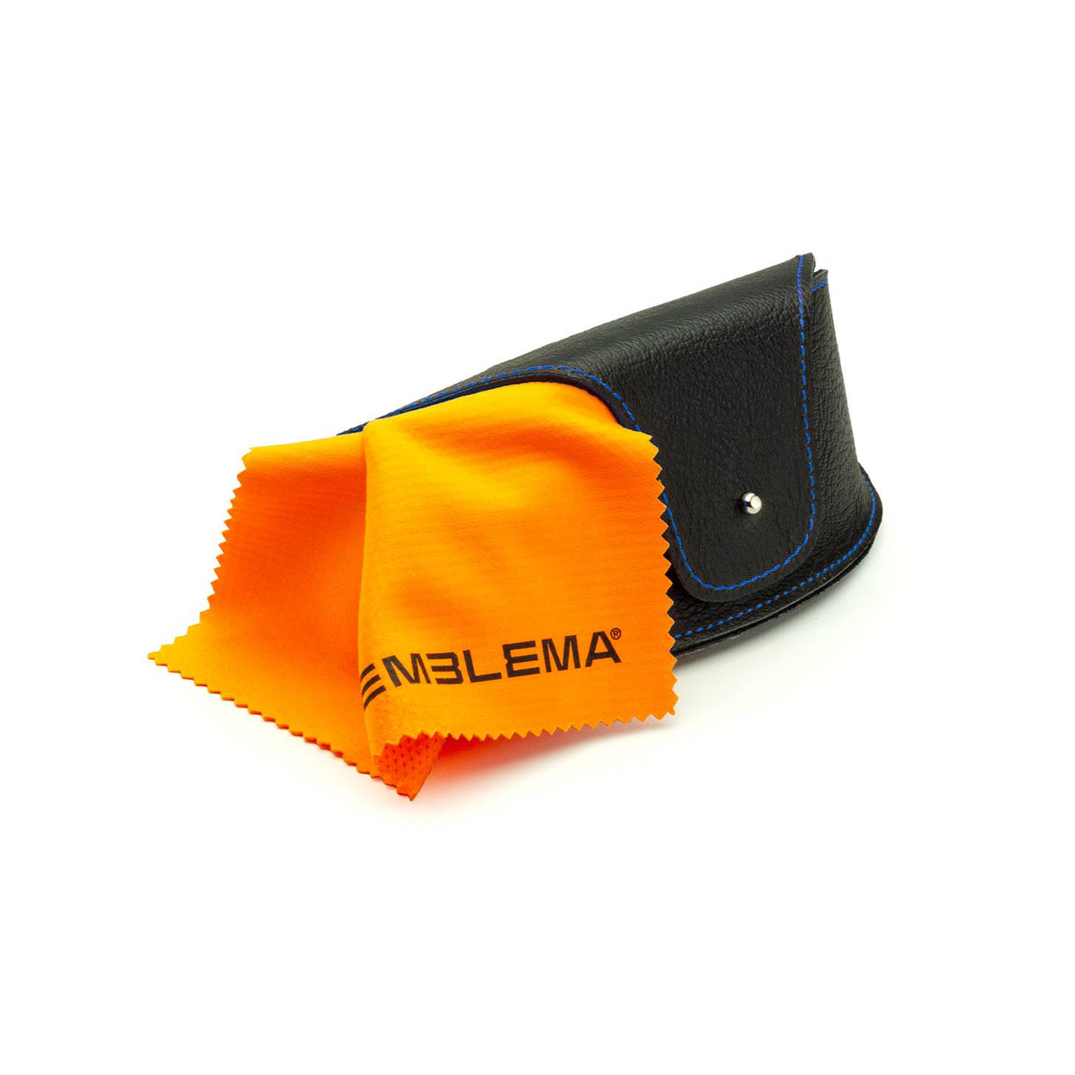 Astuccio Emblema Extra Large nero con cucitura blu.