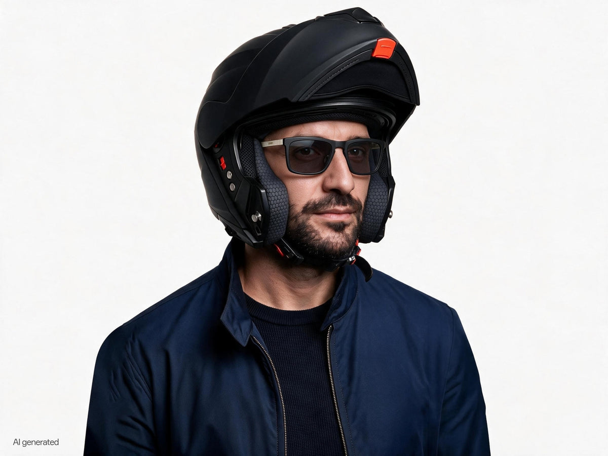 Modello che indossa gli occhiali MyCity Rettangolare Nero Palladio lente Fumo con casco. Immagine generata con AI partendo dal prodotto reale.