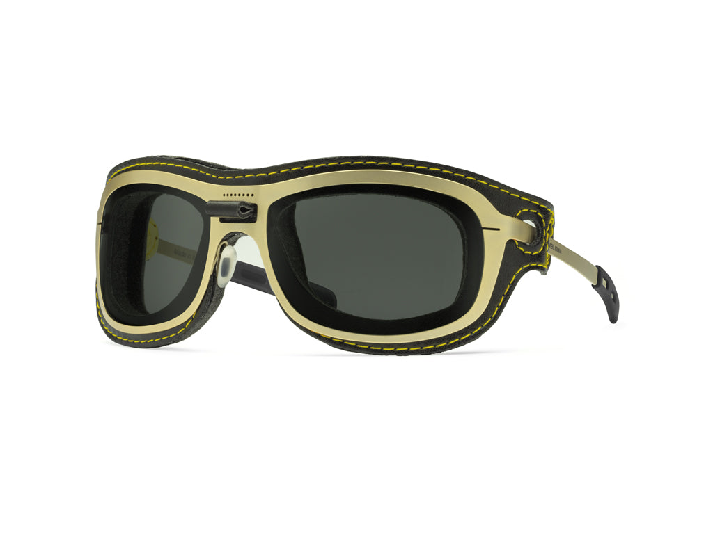 Dettaglio Special Custom Oro Lente Fumo mascherina Nero Giallo laterale