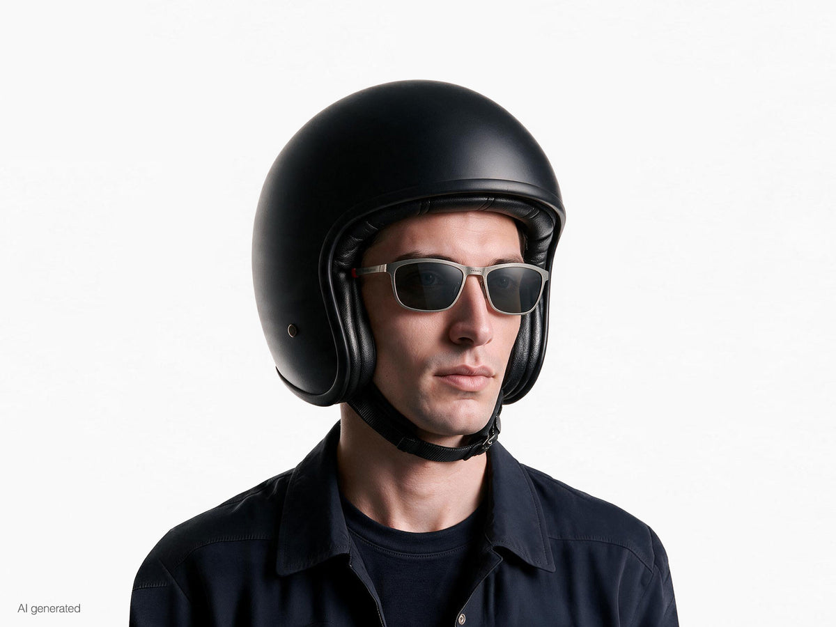 Modello che indossa gli occhiali Atom ferrovecchio lenti fumo con casco. Immagine generata con AI partendo dal prodotto reale.