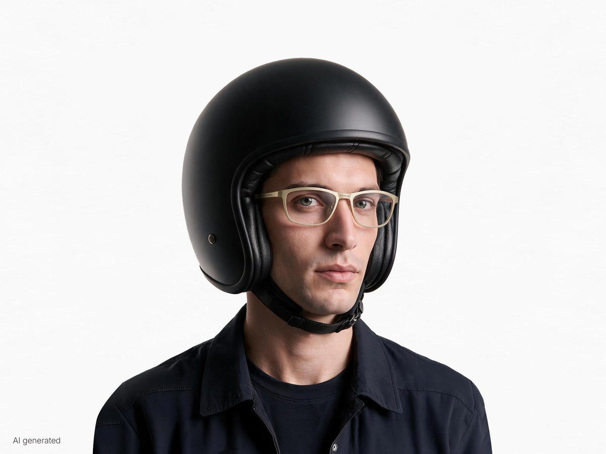 Modello che indossa gli occhiali Atom demo sotto al casco. Immagine generata con AI partendo dal prodotto reale.