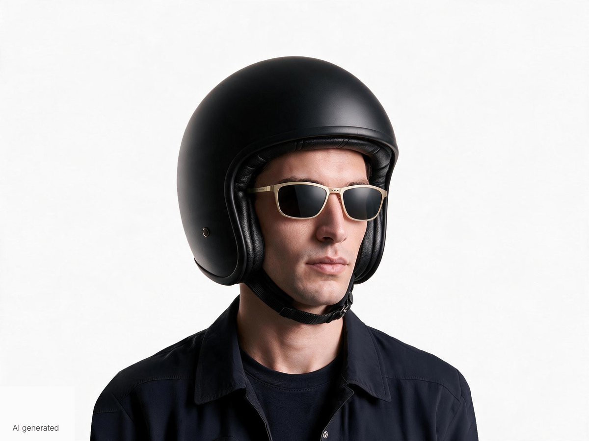 Modello che indossa gli occhiali Atom Oro Lente Fumo sotto al casco. Immagine generata con AI partendo dal prodotto reale.