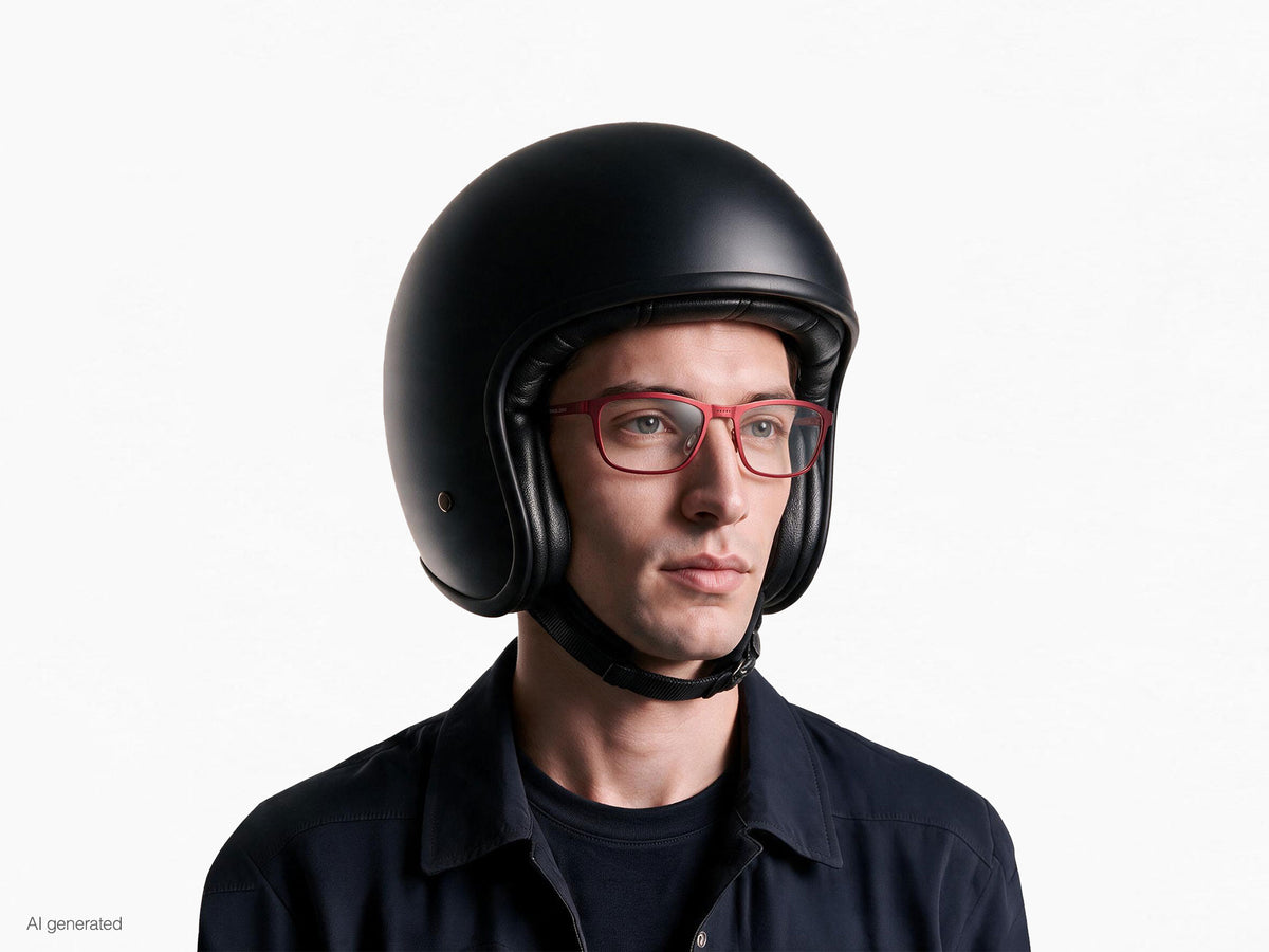 Modello che indossa gli occhiali Atom rosso demo con casco. Immagine generata con AI partendo dal prodotto reale.