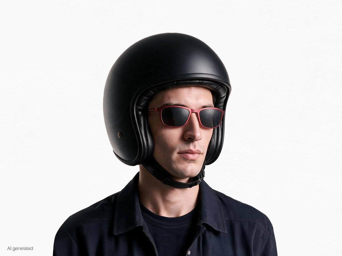 Modello che indossa gli occhiali Atom rosso lenti fumo con casco. Immagine generata con AI partendo dal prodotto reale.