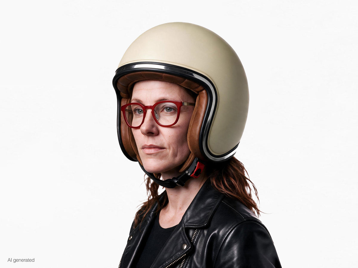 Modella che indossa gli occhiali MyCity panthos rutenio frontale rosso lenti demo con casco. Immagine generata con AI partendo dal prodotto reale.