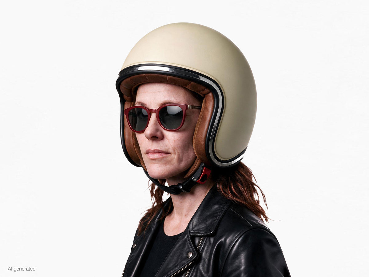 Modella che indossa gli occhiali MyCity panthos rutenio frontale rosso lenti fumo con casco. Immagine generata con AI partendo dal prodotto reale.