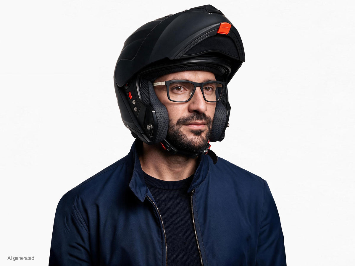 Modello che indossa gli occhiali MyCity Rettangolare Nero Palladio lente Demo con casco. Immagine generata con AI partendo dal prodotto reale.