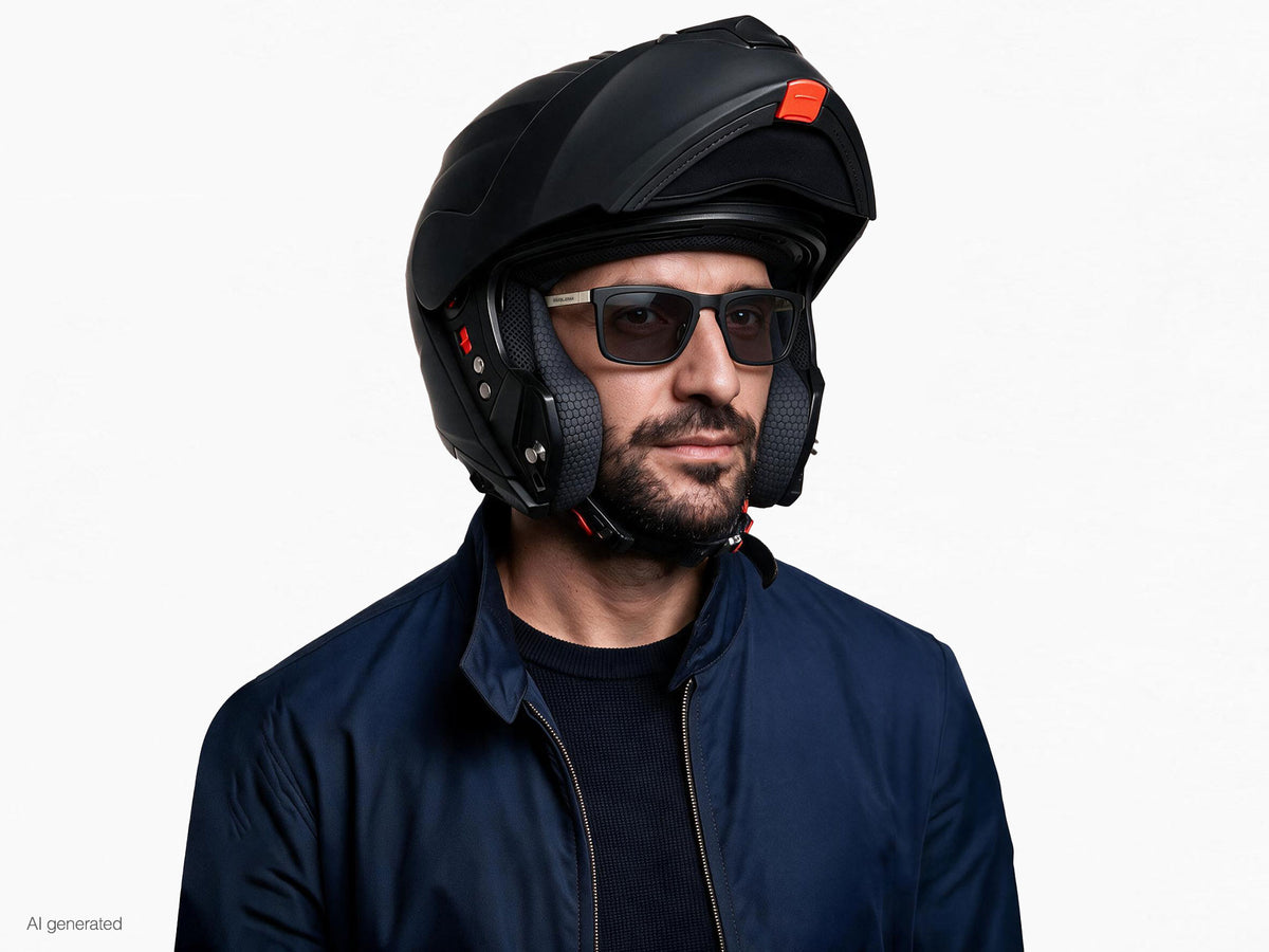Modello che indossa gli occhiali MyCity Rettangolare Nero Palladio lente Fumo con casco. Immagine generata con AI partendo dal prodotto reale.