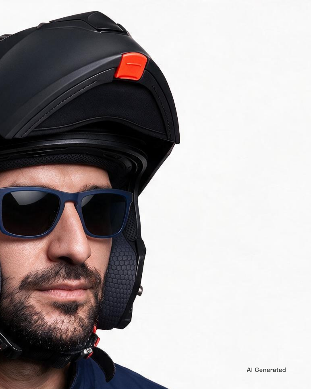 Modello che indossa gli occhiali MyCity Rettangolare Blu Oro lente Fumo sotto al casco. Immagine generata con AI partendo dal prodotto reale.