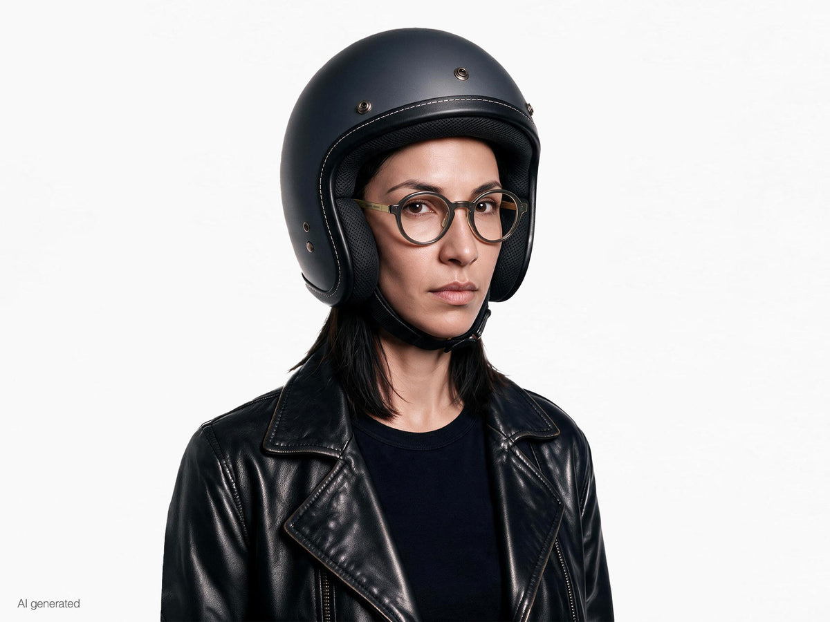 Modella che indossa gli occhiali MyCity Arrotondato Grigio Oro lente Demo con casco. Immagine generata con AI partendo dal prodotto reale.