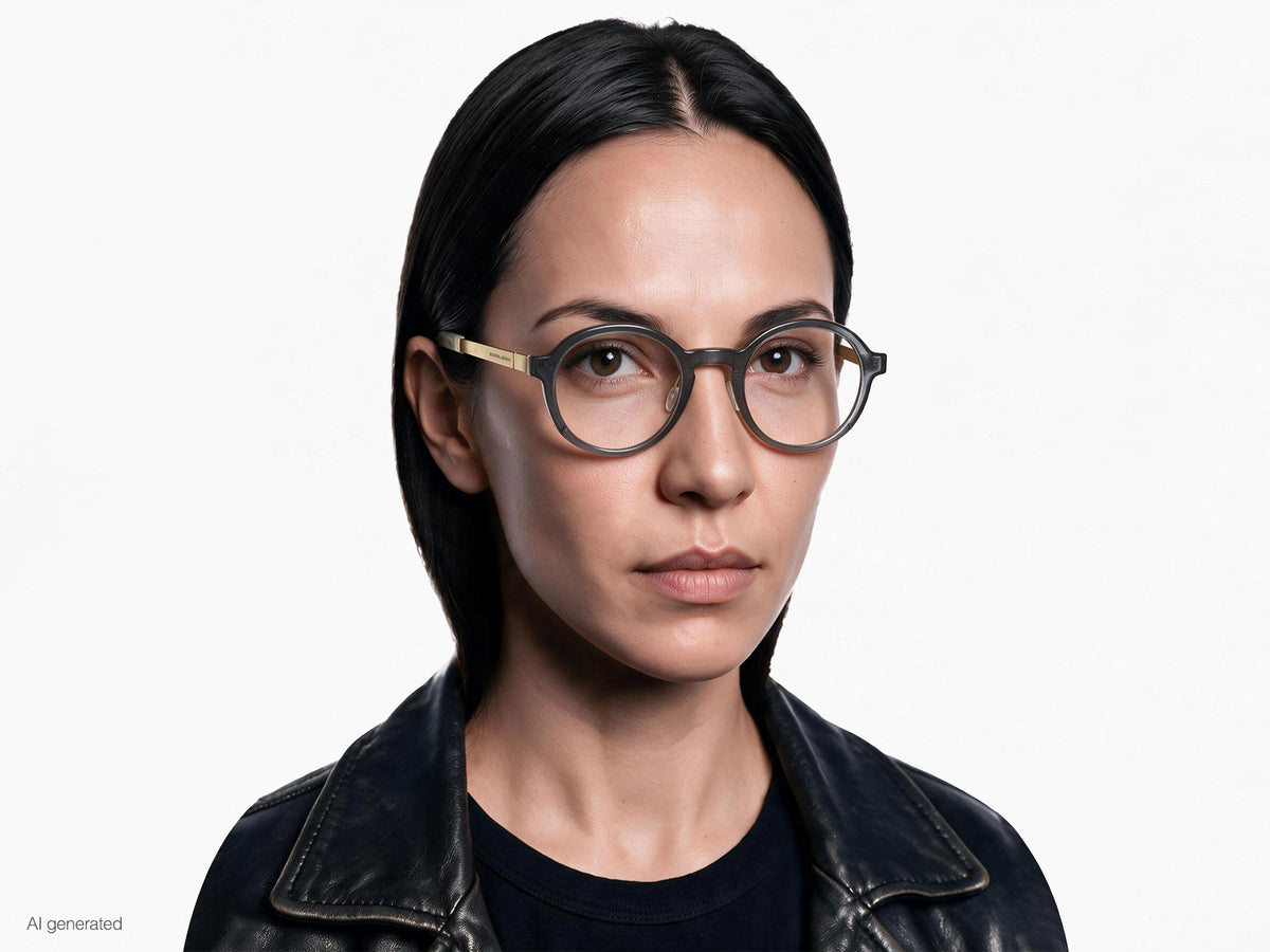 Modella che indossa gli occhiali MyCity Arrotondato Grigio Oro lente Demo senza casco. Immagine generata con AI partendo dal prodotto reale.