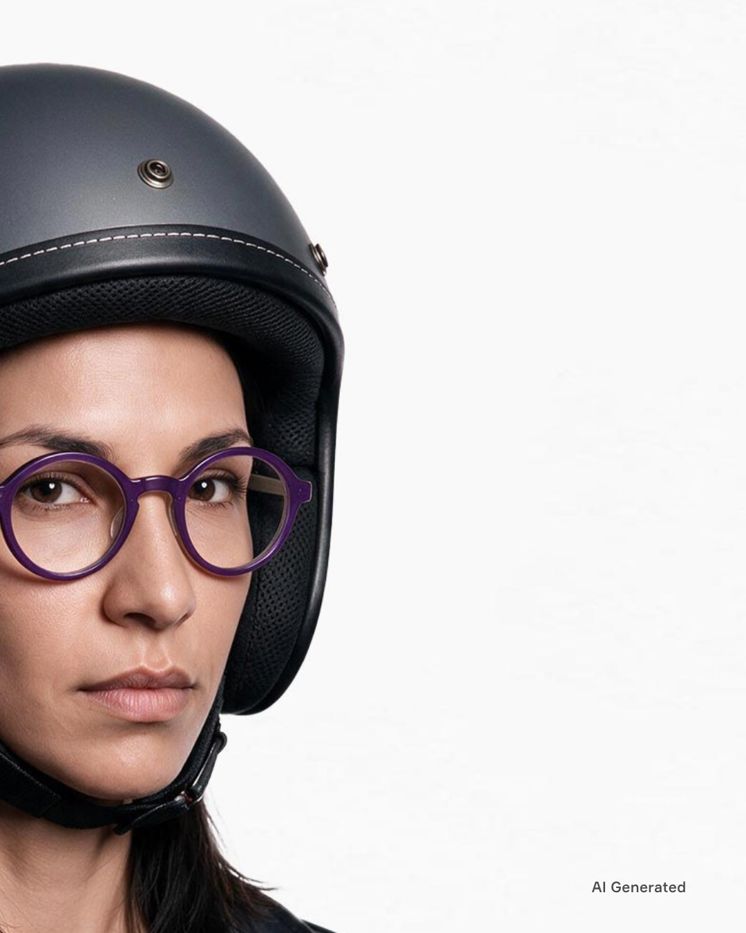 Modella che indossa gli occhiali MyCity Arrotondato Viola Palladio lente Demo sotto al casco. Immagine generata con AI partendo dal prodotto reale.