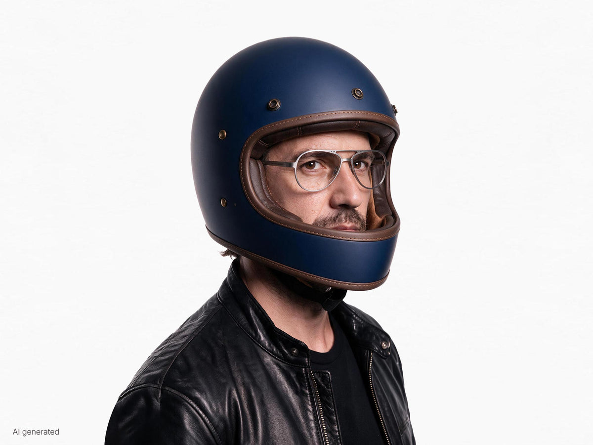Modello che indossa gli occhiali Serpico senza demo con casco. Immagine generata con AI partendo dal prodotto reale.