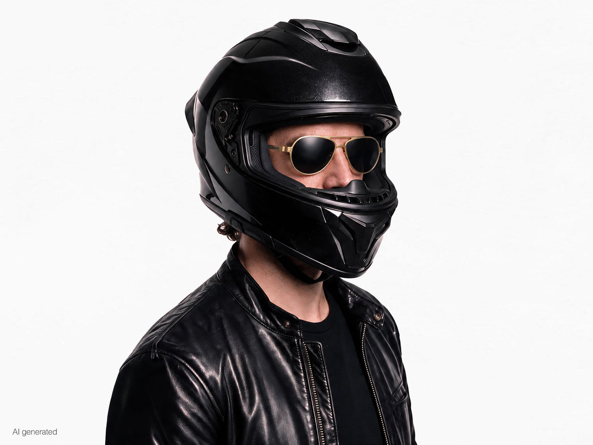 Modello che indossa gli occhiali Serpico Oro lente Fumo con casco. Immagine generata con AI partendo dal prodotto reale.