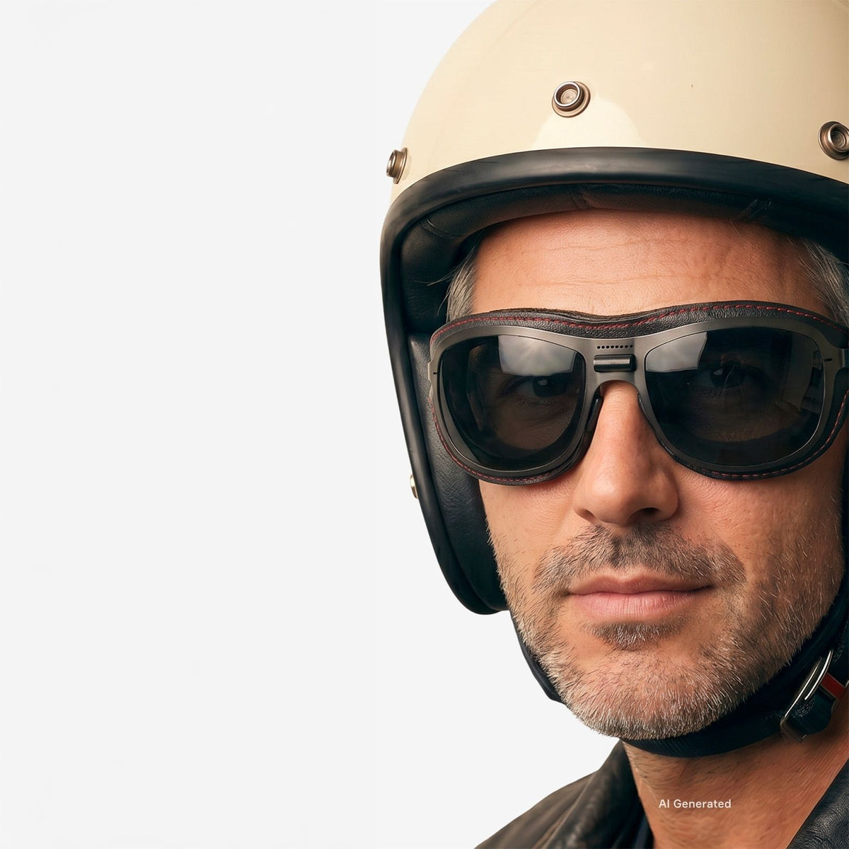 Occhiali Special Custom indossati sotto al casco per massimo comfort. Immagine generata con AI partendo dal prodotto reale.