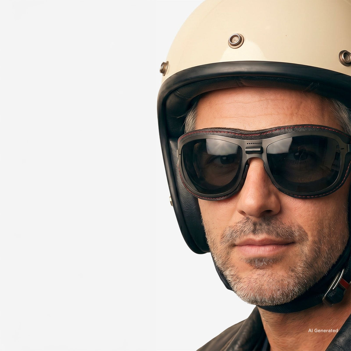Occhiali Special Custom indossati sotto al casco per massimo comfort. Immagine generata con AI partendo dal prodotto reale.