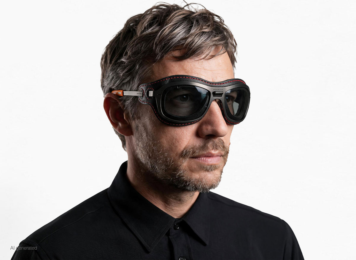 Modello che indossa gli occhiali Special Custom Rutenio lente Fumo senza casco. Immagine generata con AI partendo dal prodotto reale.