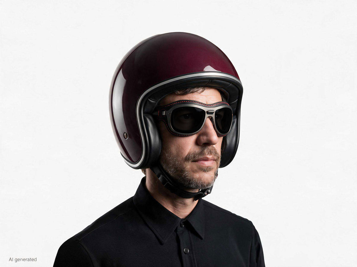 Modello che indossa gli occhiali Special Custom Rutenio lente Fumo con casco. Immagine generata con AI partendo dal prodotto reale.