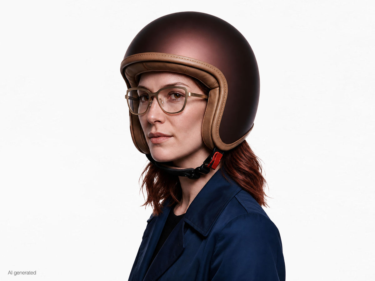 Modella che indossa gli occhiali Telma Oro Rosso con lente Demo con casco. Immagine generata con AI partendo dal prodotto reale.